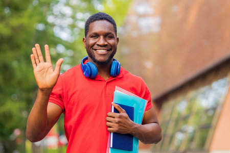 young afro american man with headphones on neck holding book and folder in hands in summer parkの写真素材
