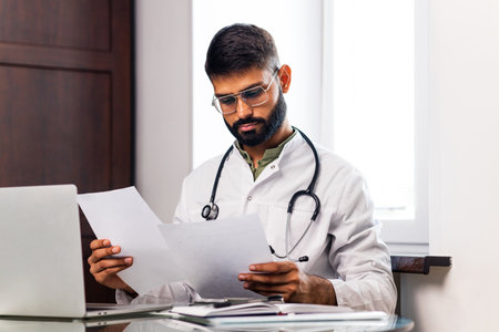indian doctor wearing uniform taking notes in medical documentsの写真素材