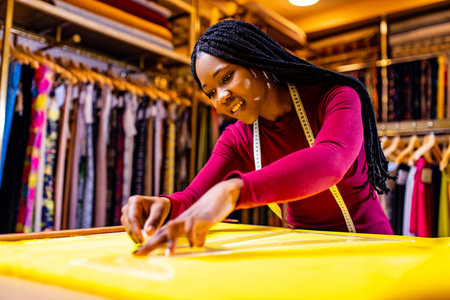 dark skinned business woman salewoman working at textile shopの写真素材