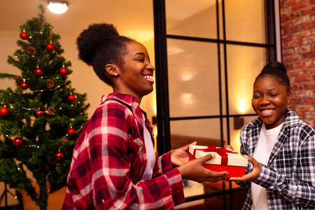 happy woman is making christmas gift to her beloved girlfriend at home at christmas nightの写真素材
