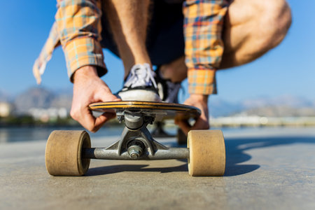 close up photo of man skateboarding near river at sunny summer dayの写真素材
