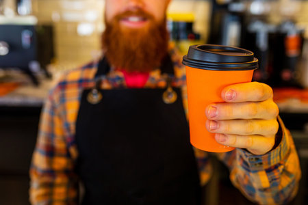 Professional barista young redhaired ginger bearded man in black apron working in coffee shopの写真素材