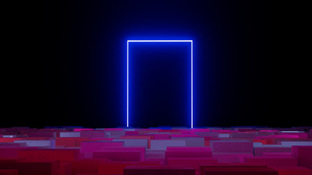 3d illustration blue quadrant neon portal on abstract background of cubes