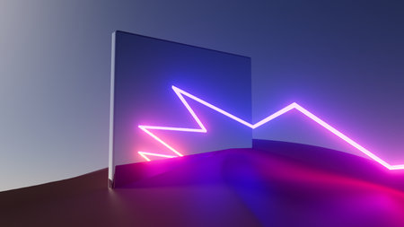 3d illustration neon glowing line with mirror in the desert at nightの写真素材