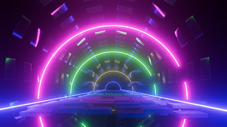 3d illustration colorful round neon portal road at nightの写真素材