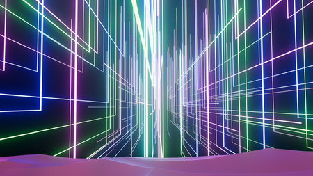 3d illustration abstract patterns of glowing lines on black backgroundの写真素材