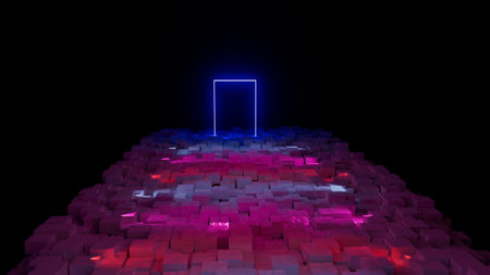 3d illustration blue quadrant neon portal on abstract background of cubesの写真素材