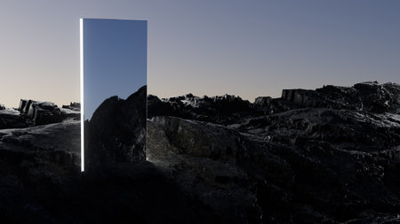 3d illustration Mirror on volcanic landscape at night in desertの写真素材
