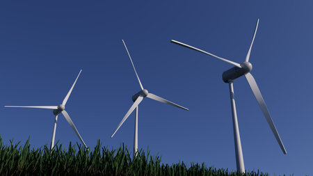 3d illustration Three wind turbines are standing in a field with a clear blue sky above themの写真素材