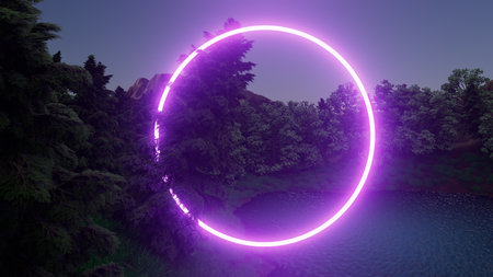 3d illustration A purple circle is glowing in the middle of a forestの写真素材