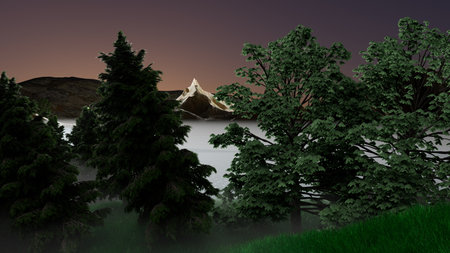 3d illustration A mountain range is visible in the distanceの写真素材