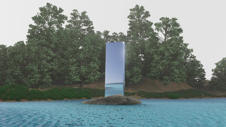3d illustration A large mirror is reflected in the water, creating a sense of depth and mysteryの写真素材