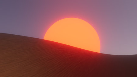 3d illustration huge red setting sun in desert dunesの写真素材
