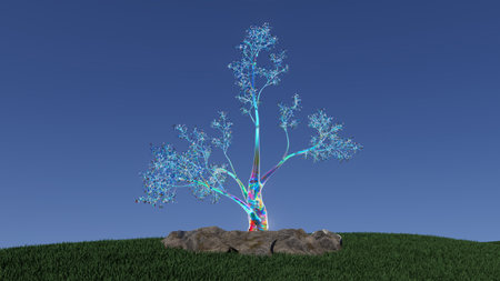 3d illustration A tree with a rainbow of colors is shown in a fieldの写真素材