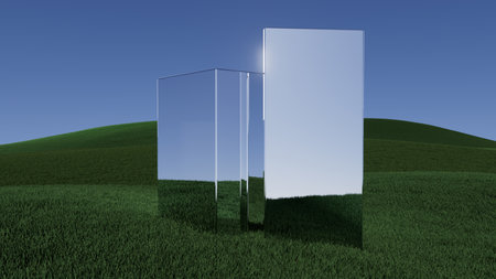 3d illustration Three rectangular pieces of glass are reflected in the grassの写真素材