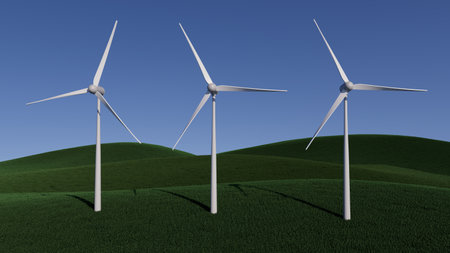3d illustration Three wind turbines are standing on a green hillsideの写真素材