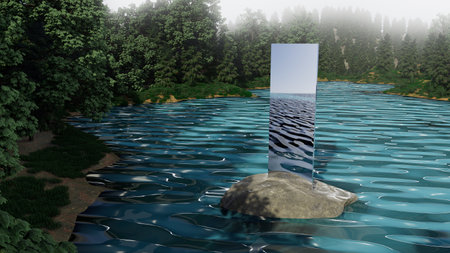 3d illustration A large rock is floating in the water next to a mirrorの写真素材