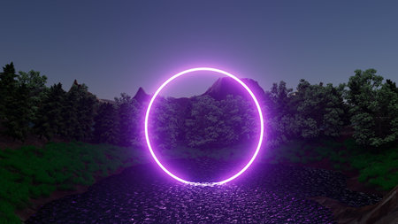 3d illustration A purple glowing circle is in the middle of a forest