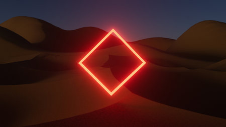 3d illustration neon glowing square in the desert at nightの写真素材