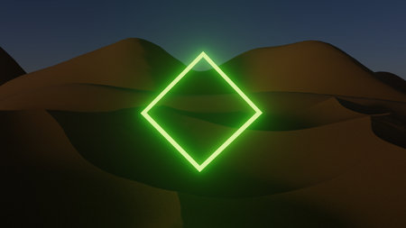 3d illustration neon glowing square in the desert at nightの写真素材