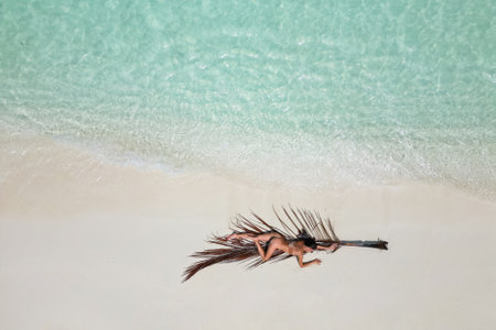 young woman tanning sunbathing on palm tree leaf woman wearing bikini at the beach on a white sand from above view from droneの写真素材