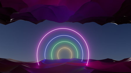 3d illustration colorful round neon portal at night in the desertの写真素材