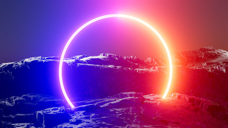 3d illustration Neon ring in volcanic landscape at night in desertの写真素材