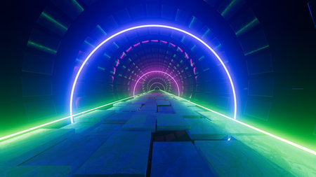 3d illustration colorful round neon portal road at nightの写真素材