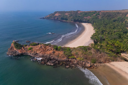 Aerial top view on tropical beach with green palm trees under sunlight Drone view in Goaの写真素材