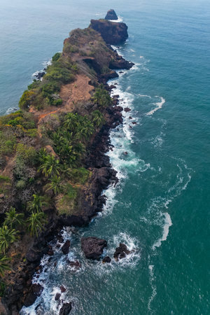 Aerial top view on tropical beach with green palm trees under sunlight Drone view in Goa