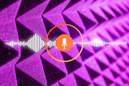A purple background with a microphoneの写真素材