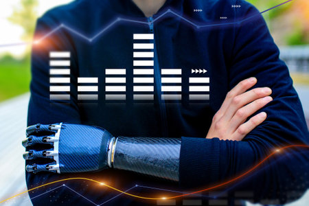 A man with a prosthetic arm is shown with a graph of a sound wave