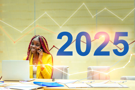 A woman is talking on her cell phone in front of a wall with a graph, 2025 concept