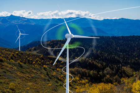 A wind turbine is spinning in the air above a mountain