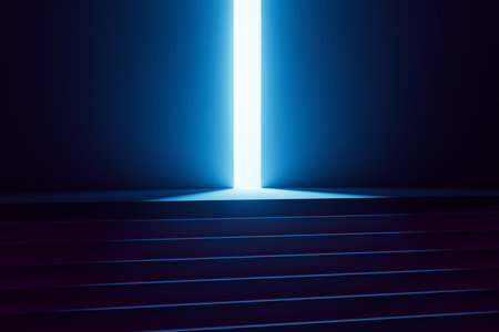 3d render A blue staircase with a light shining through the middleの写真素材