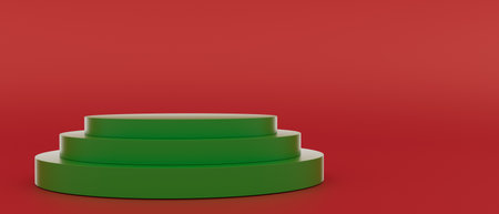 A green stage with a red background, 3d renderの写真素材