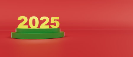 A red background with the number 2025 written in yellow letters, 3d renderの写真素材