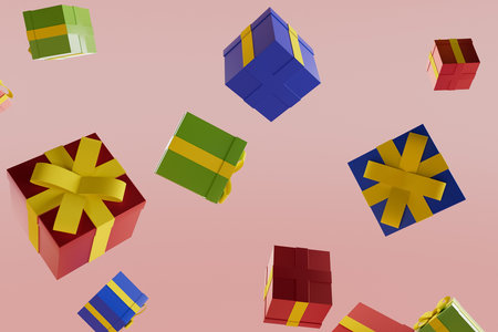 A bunch of colorful boxes are flying through the air, 3d renderの写真素材