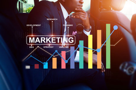 A man in a suit is sitting in a car with a large graph of marketing data on theの写真素材