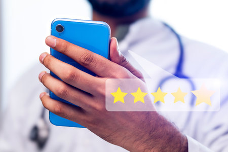 A man holding a blue cell phone with a star rating on the screen