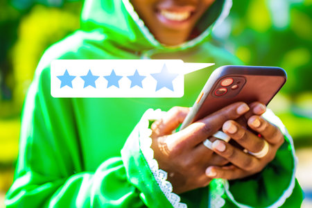 A person is holding a cell phone with a star rating on it