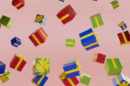 A bunch of colorful boxes are flying through the air, 3d renderの写真素材