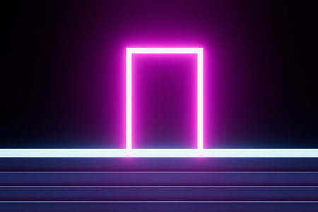 3d render A neon door is lit up in a dark roomの写真素材