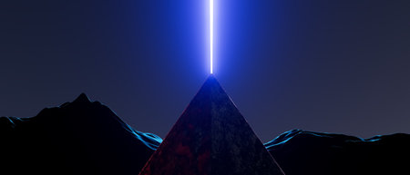 3d render illustration A pyramid is lit up in the night sky with a bright blue lightの写真素材