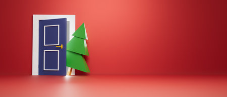 3d render illustration A blue door is open to reveal a Christmas treeの写真素材