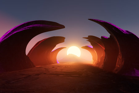 3d render illustration A large, curved rock formation with a sun in the skyの写真素材
