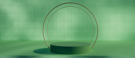 3d render illustration A green pedestal with a gold rimの写真素材