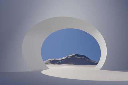 3d render illustration A mountain range is visible in the distance behind a large, circular openingの写真素材