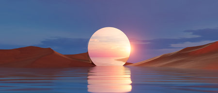 3d render illustration The sky is a mix of orange and blue hues, creating a sereneの写真素材