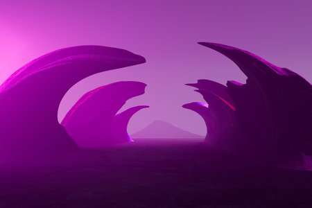 3d render illustration A purple landscape with a mountain in the backgroundの写真素材